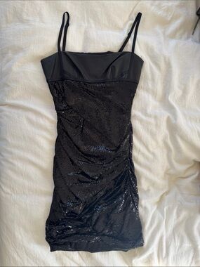 Alexander Wang Black Sequin Mini Dress with leather bust